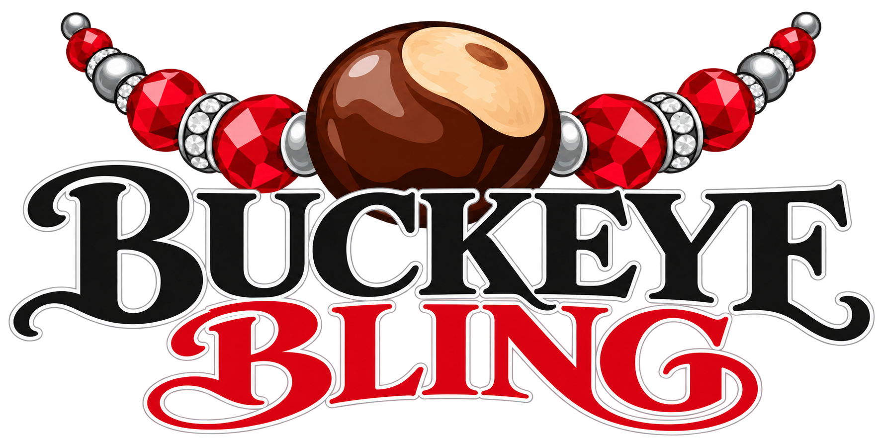 Buckeye Bling — a natural buckeye with scarlet crystal beads and silver spacers